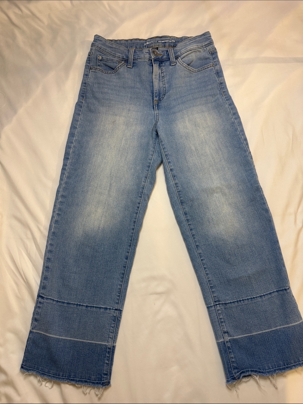 INC International Concepts Light Blue Wide-Leg Jeans with Frayed Hem Panels